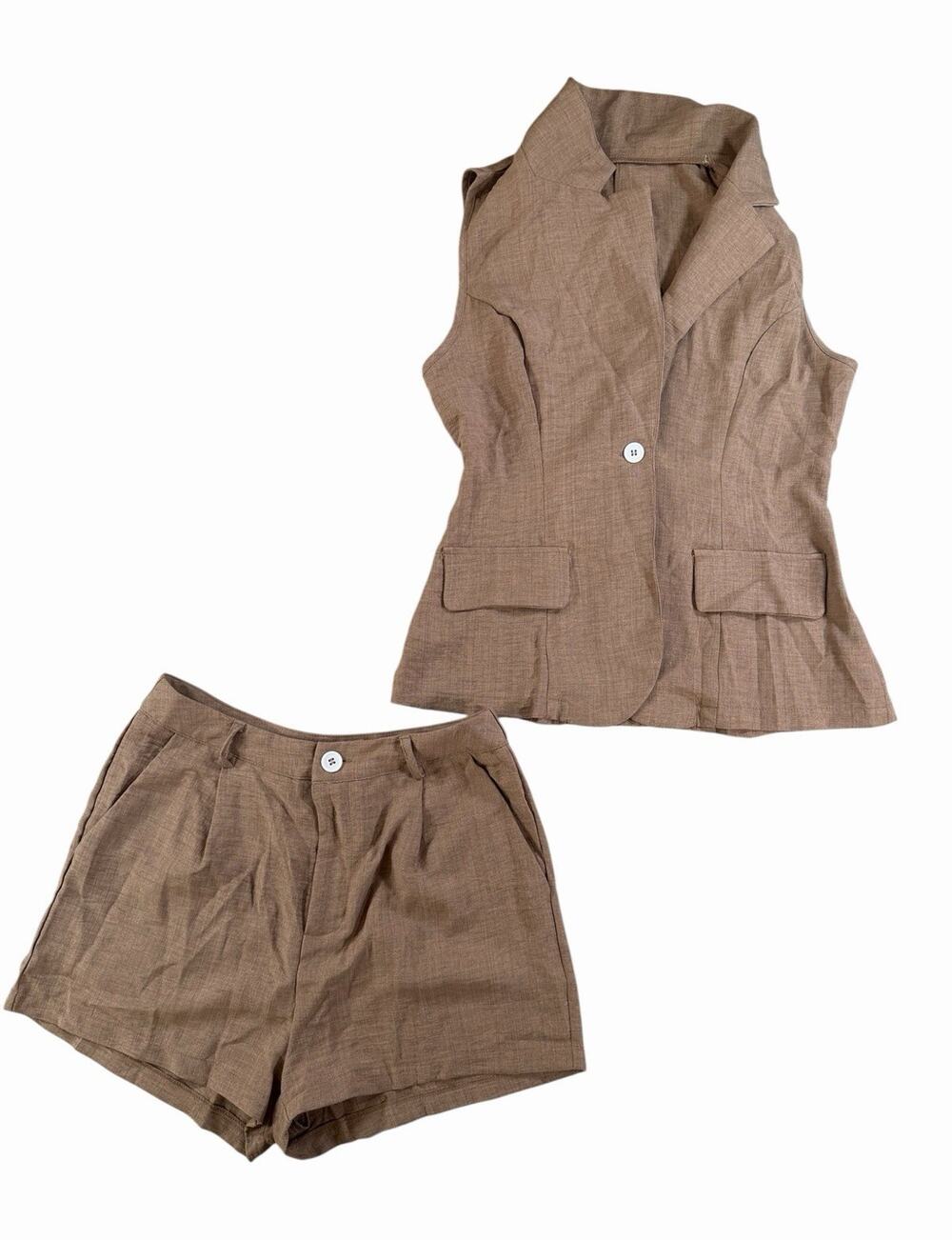 SHEIN Women's 2pc Woven Vest & Shorts Set Sleeveless Brown M